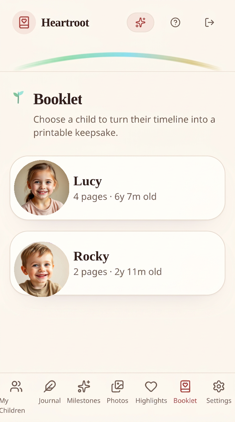 Booklet screen letting you choose a child to turn their timeline into a printable keepsake