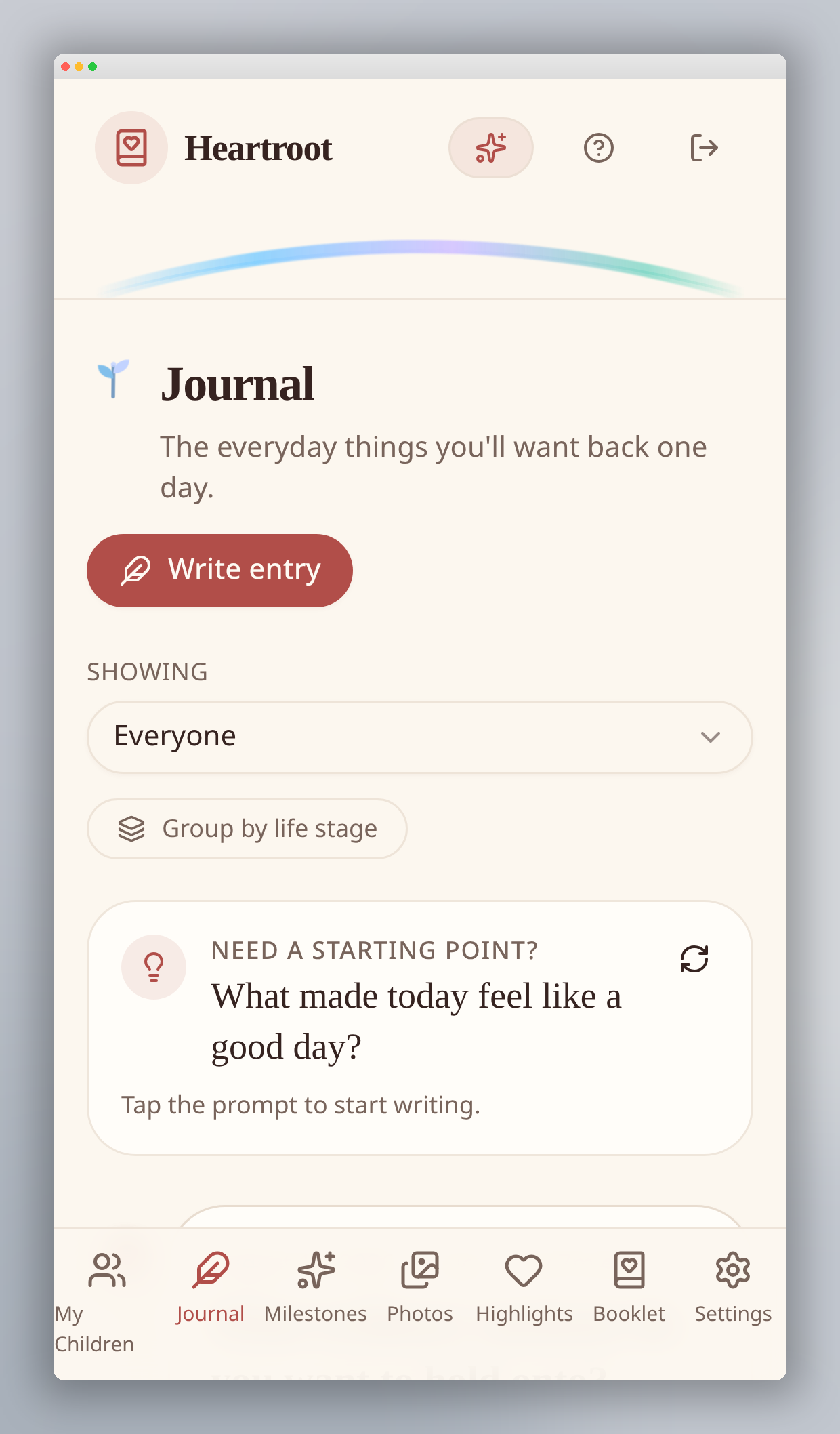 Journal screen with a gentle prompt and a place to write today's memory
