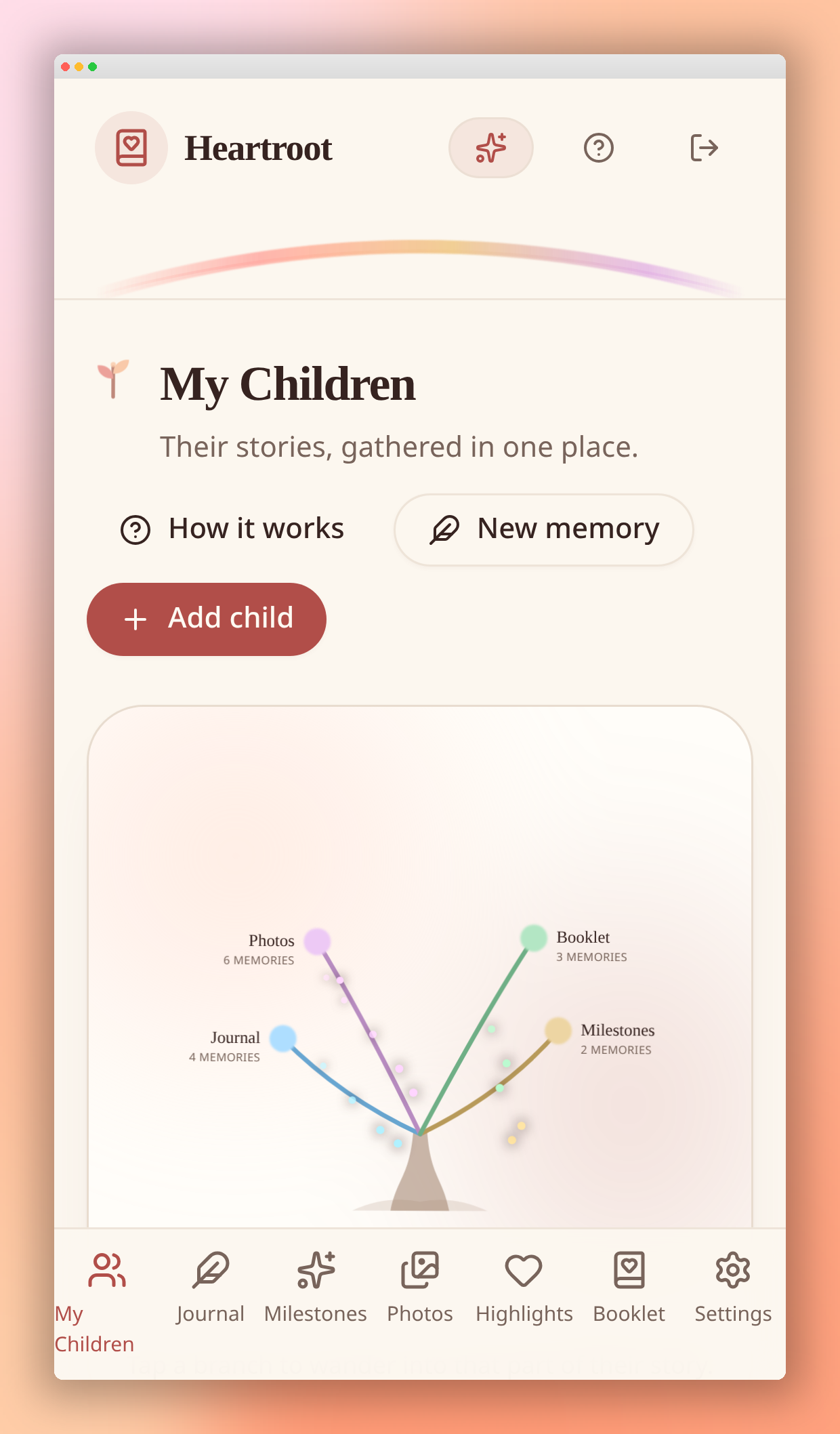 Heartroot memory tree showing a child's growing story as a softly animated tree