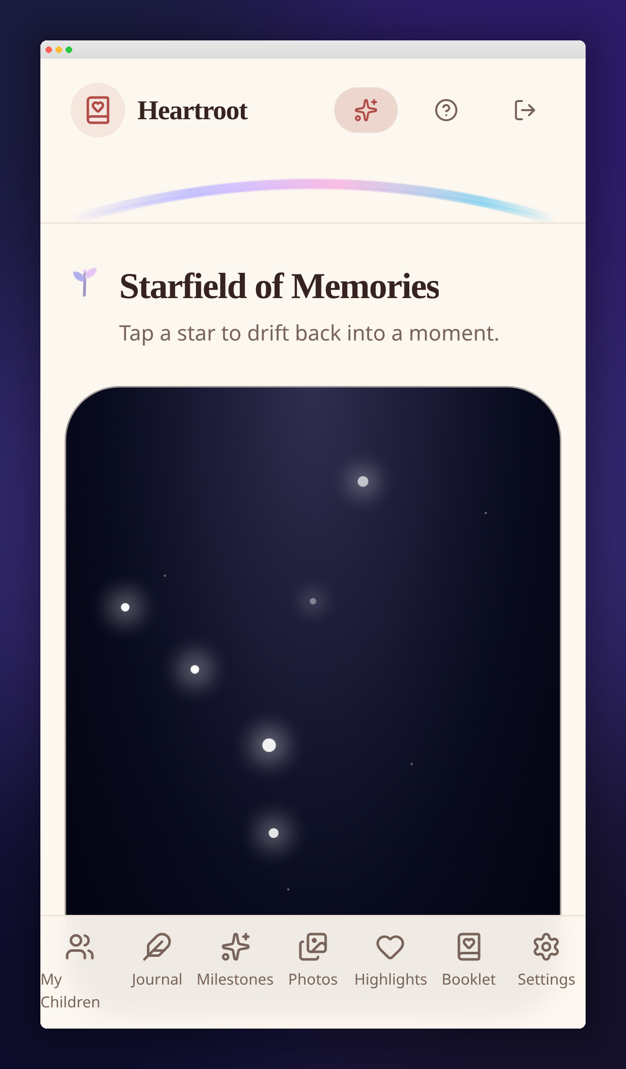 Starfield of glowing memory stars floating in a soft night sky