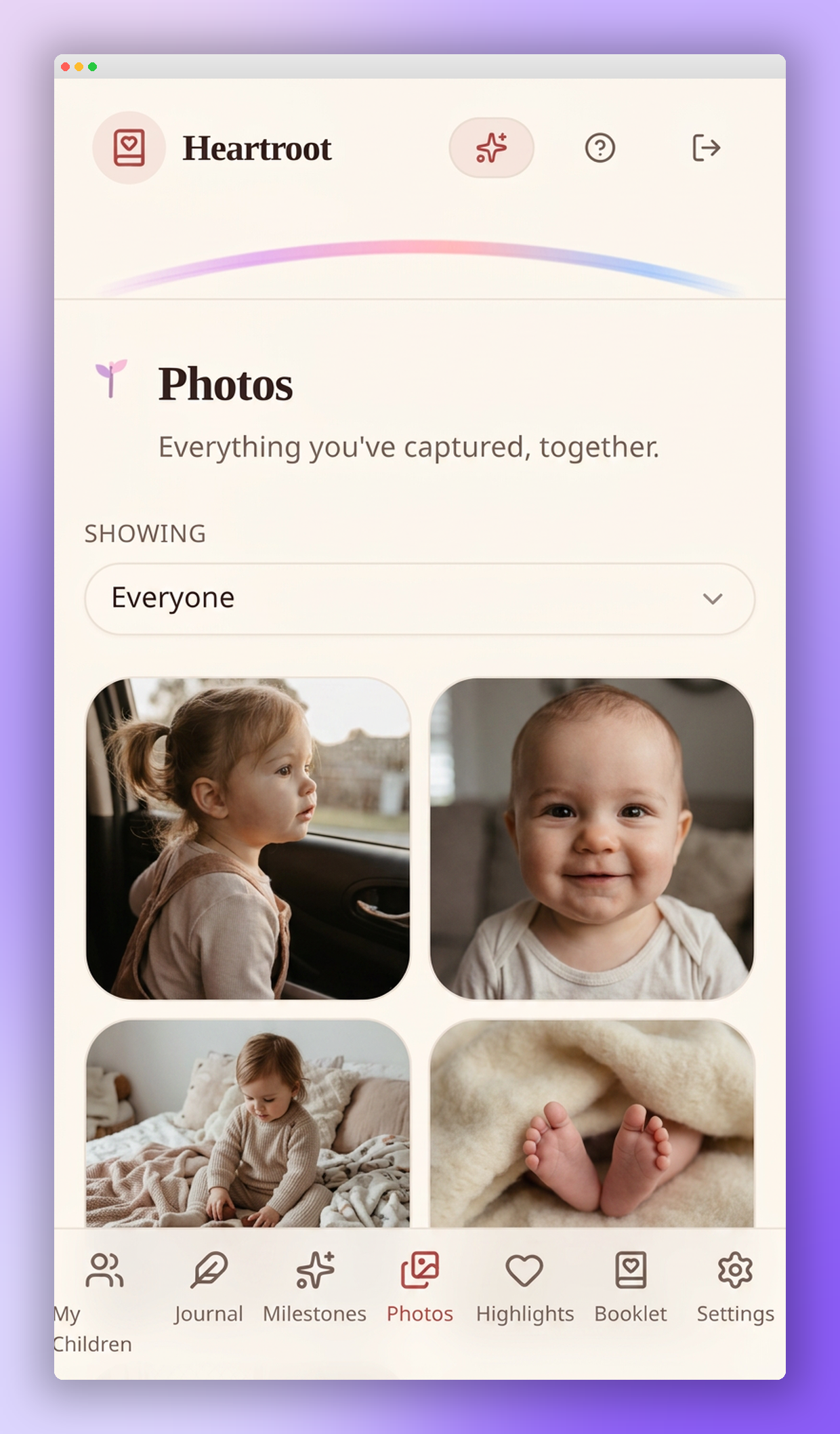 Photo gallery screen showing captured moments in the Heartroot app