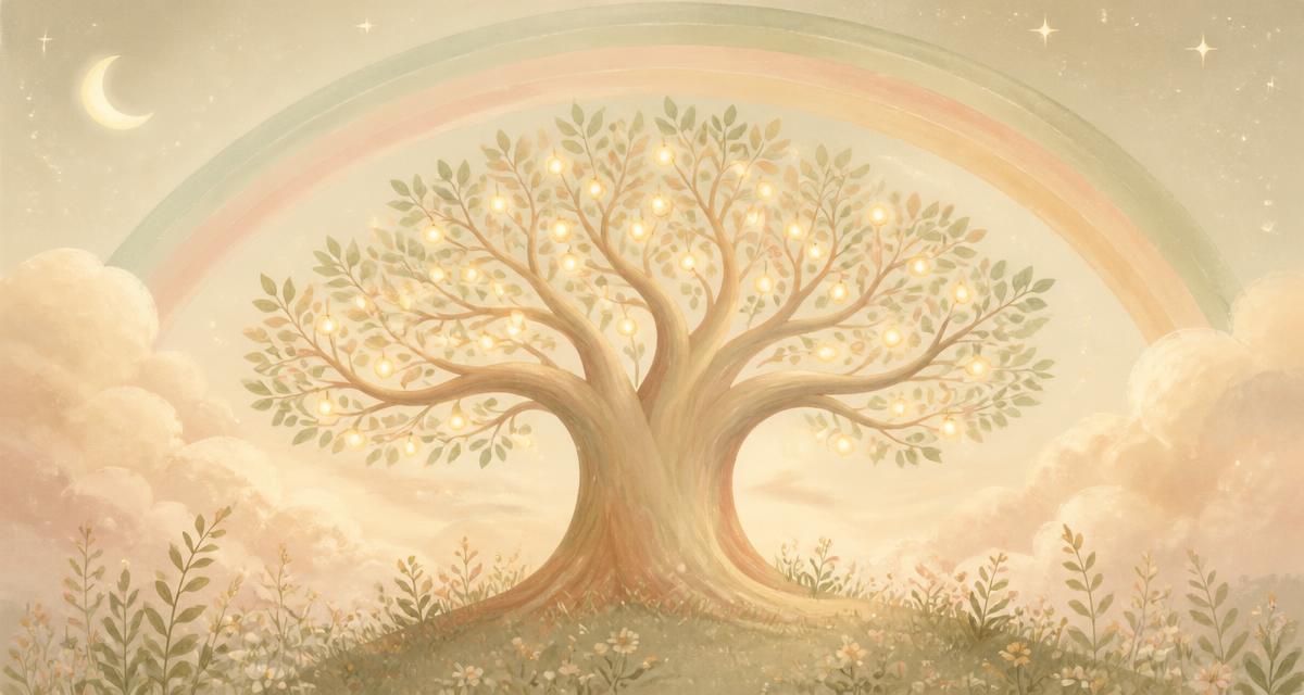 A softly glowing memory tree beneath a moonbow arc, representing a child's growing story